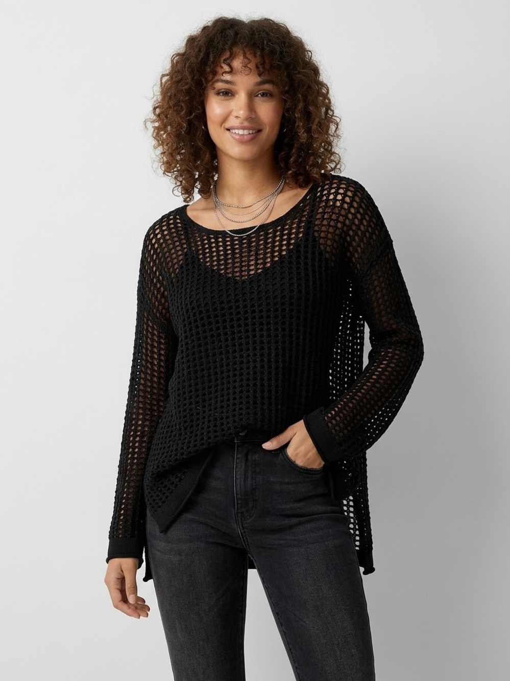 Zesica Black Open-Knit Scoop Neck Sweater, Women’s Size Large